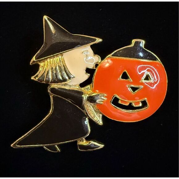 Halloween Brooch Witch & Pumpkin Vintage Enamel Hold Tone - Picture 4 of 4